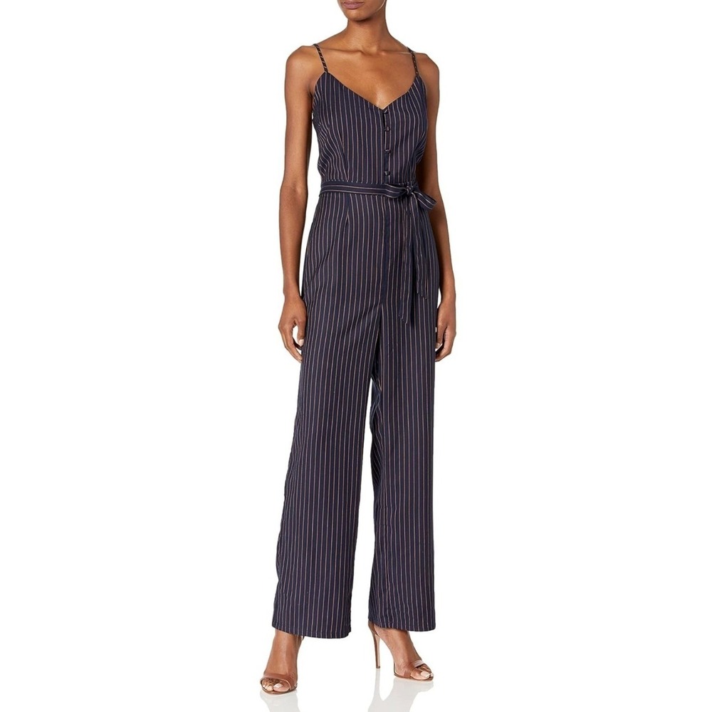 Cupcakes and Cashmere Navy Tan Pinstripe Wide-Leg Jumpsuit Size M